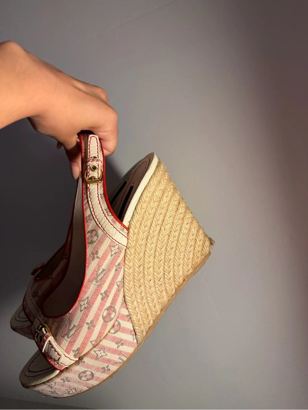 Louis Vuitton Pink Stripe Monogram Espadrille Wedges